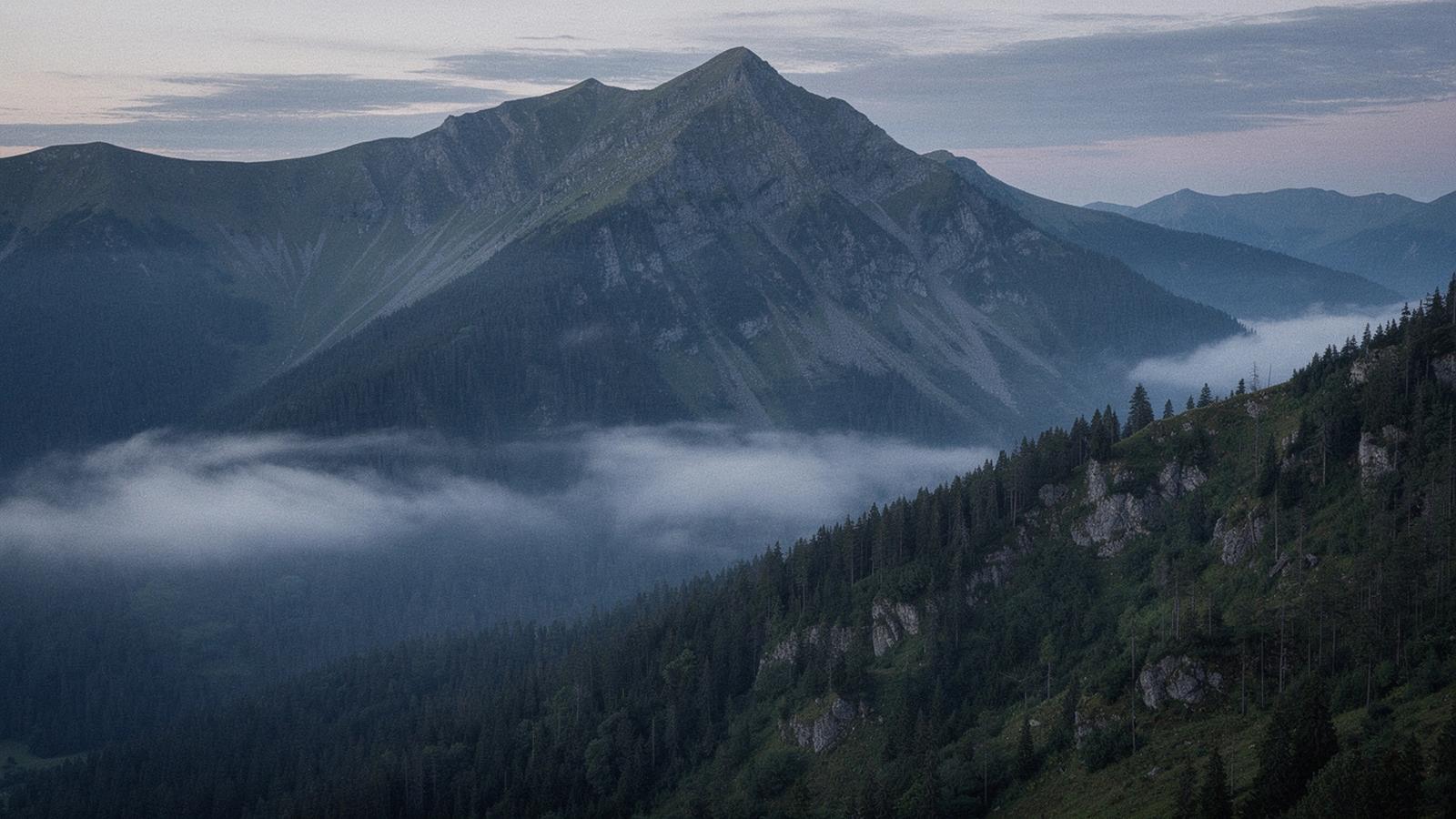 Carpathian mountain ridge above a forested valley at dusk