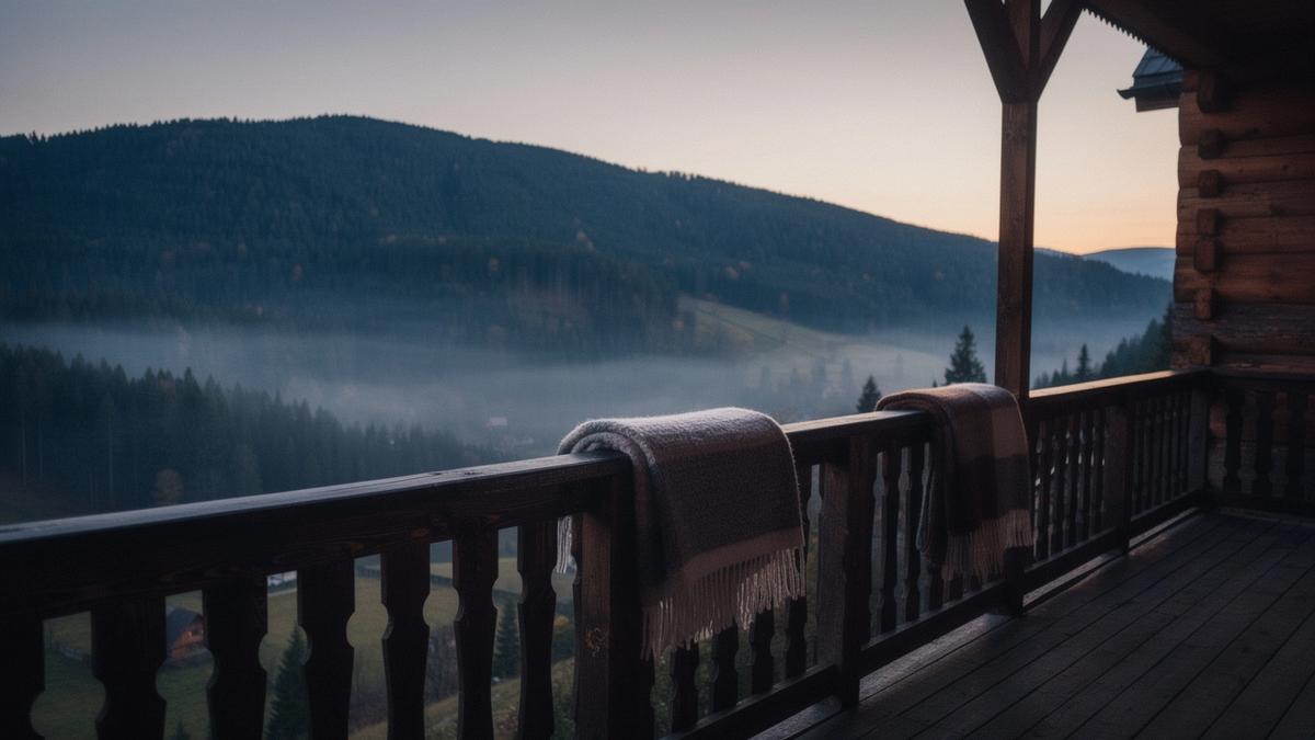 Timber guesthouse veranda overlooking a forested Carpathian ridge at dusk